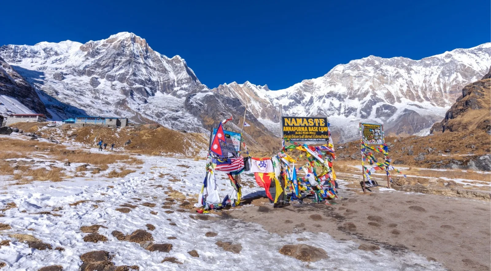 The Namaste Annapurna Base Camp signboard at 4,130 m wrapped in prayer flags, with Annapurna South rising behind