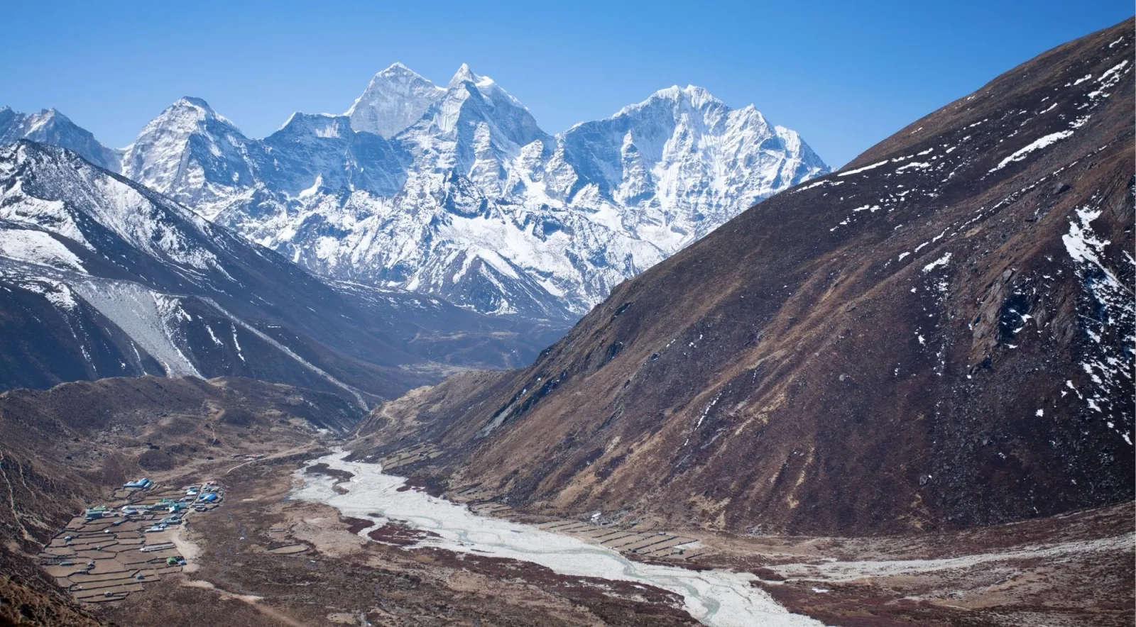 A braided glacial river winding past a stone-walled Himalayan village below snow-capped peaks