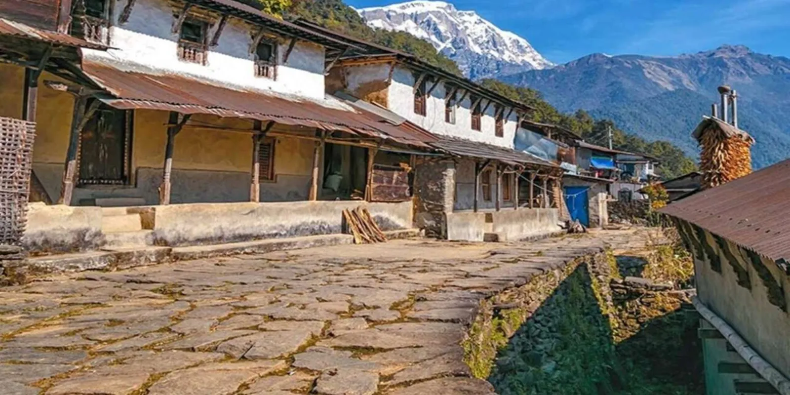 Stone-paved lane between traditional slate-roofed houses in the Gurung village of Ghandruk