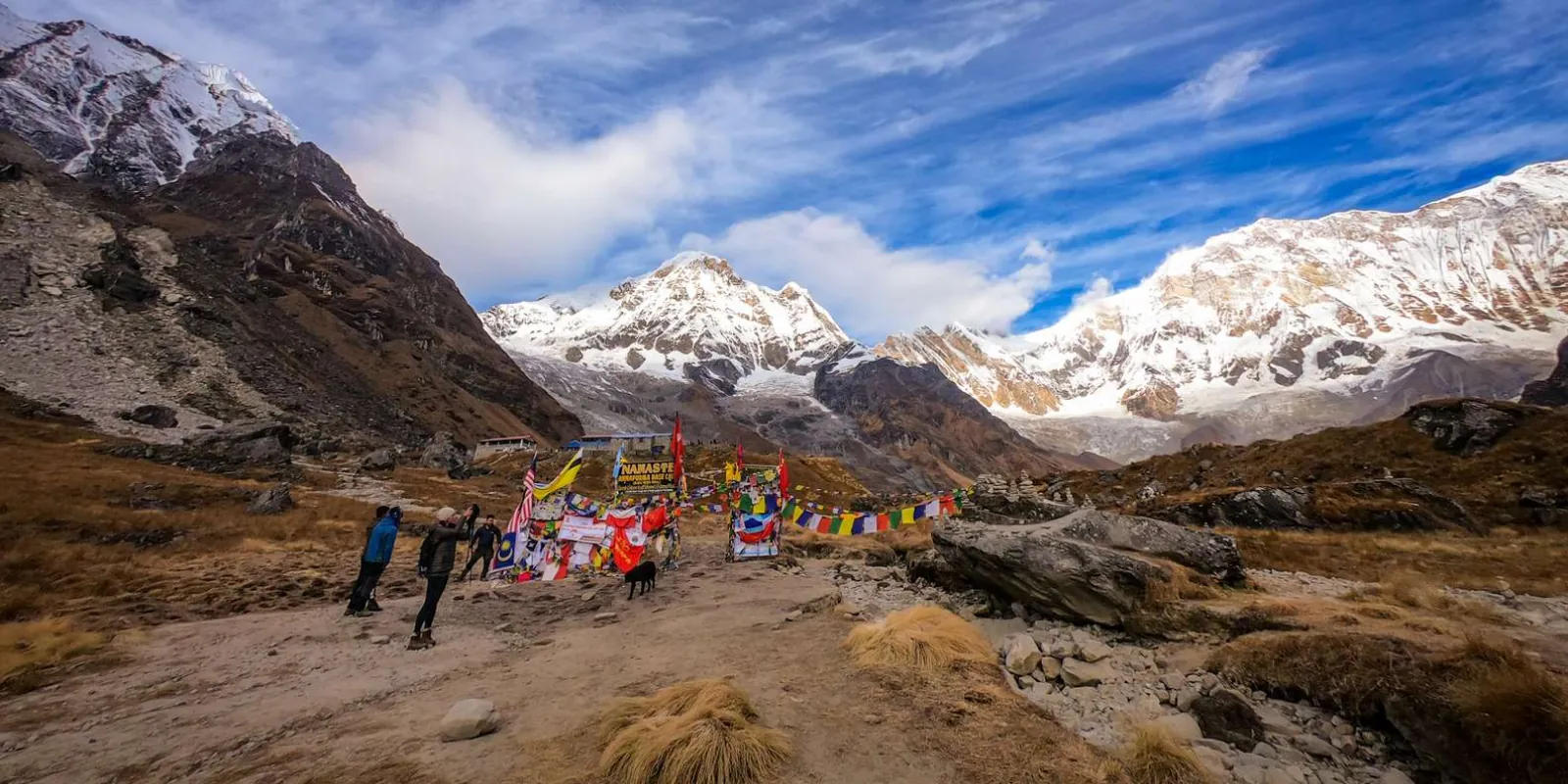 The Annapurna Base Camp sign and prayer flags on the open moraine floor beneath the massif