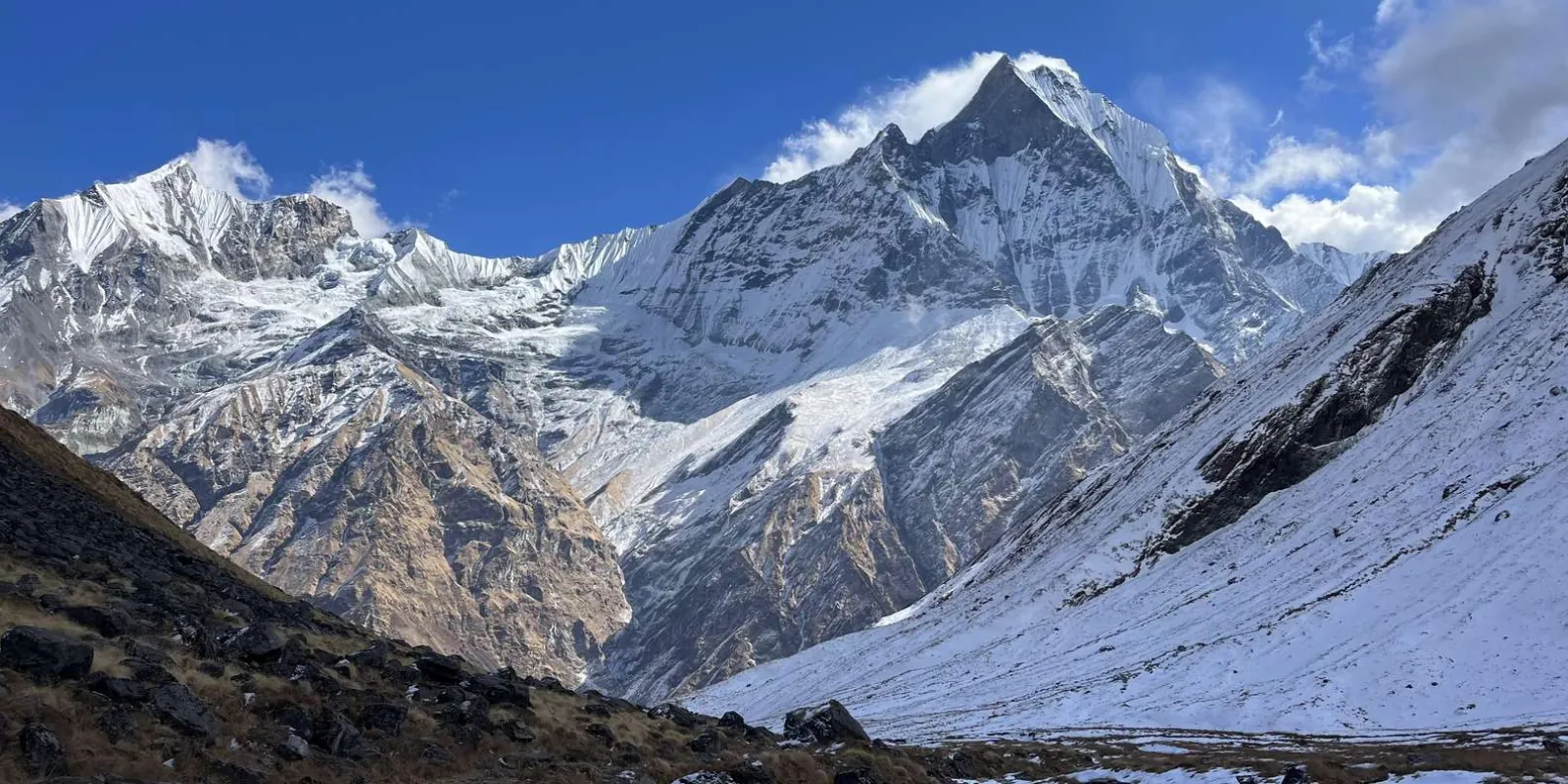Machhapuchhre and the steep Modi Khola gorge seen from the trail into the Sanctuary